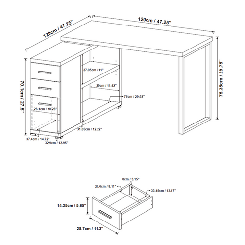 Bureau D'angle 2 Tiroirs 1 Porte 1 Étagère Elton Pied Métal