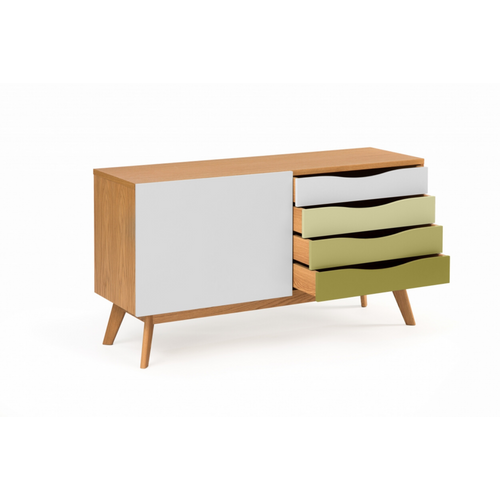 Buffet Bas Scandinave En Bois 4 Tiroirs Colorées 1 Porte Coulissante - Avalon