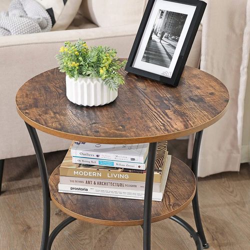 Table Basse Ronde, Style Loft Rustique Marron Avec Étagère