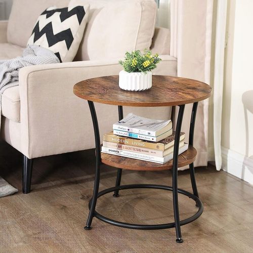 Table Basse Ronde, Style Loft Rustique Marron Avec Étagère