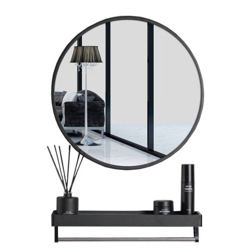 Miroir Avec Étagère 60 Cm, Rond, Noir, Style Loft