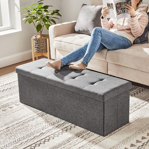 Pouf De Rangement Pufa, Revêtement En Mdf Gris Foncé Et Tissu Aspect Lin