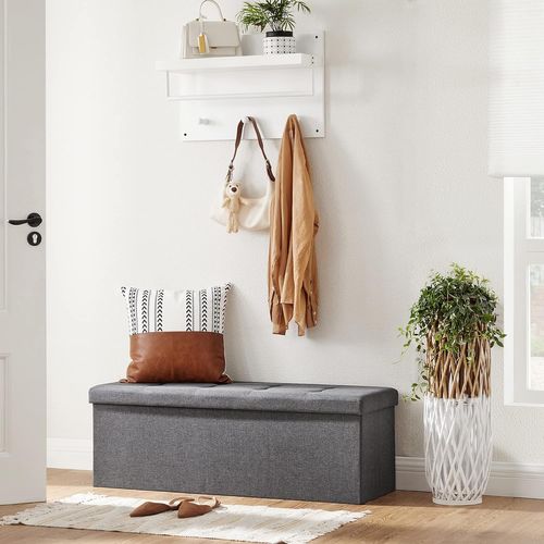 Pouf De Rangement Pufa, Revêtement En Mdf Gris Foncé Et Tissu Aspect Lin