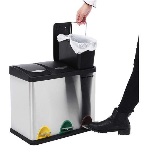 Poubelle Avec 3 Bacs Amovibles, Argentée Ltb24l