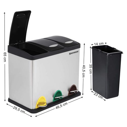 Poubelle Avec 3 Bacs Amovibles, Argentée Ltb24l