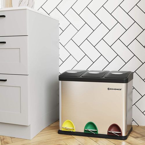 Poubelle Avec 3 Bacs Amovibles, Argentée Ltb24l