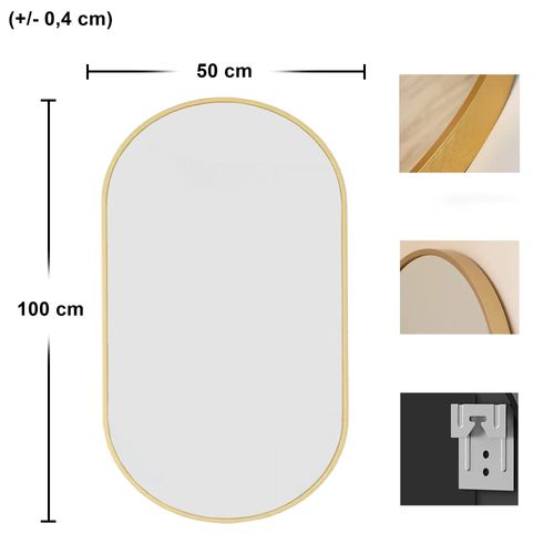 Miroir Ovale 100x50cm, Cadre Doré, Idéal Pour Une Décoration De Style Loft