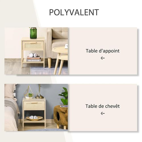 Table De Chevet Avec Tiroirs Et Étagères, En Rotin Tressé,aspect Bois Clair Naturel.