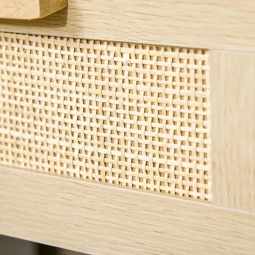 Table De Chevet Avec Tiroirs Et Étagères, En Rotin Tressé,aspect Bois Clair Naturel.