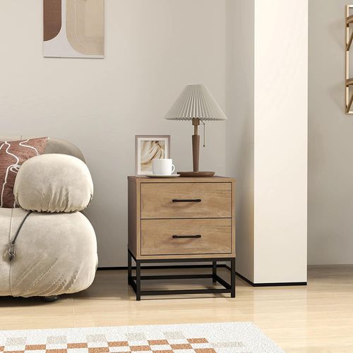 Ensemble De 2 Tables De Chevet Avec 2 Tiroirs, Style Industriel, Bois Naturel