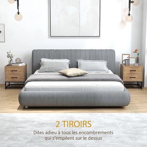 Ensemble De 2 Tables De Chevet Avec 2 Tiroirs, Style Industriel, Bois Naturel