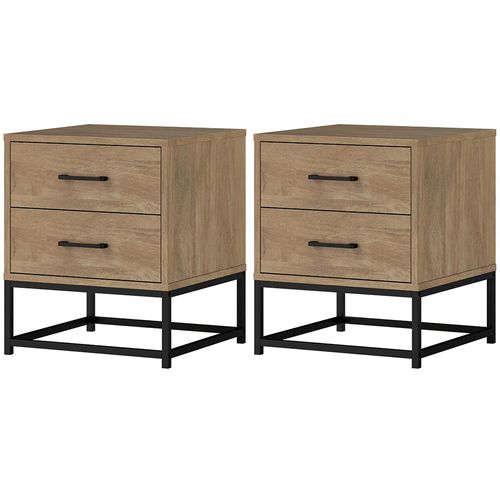 Ensemble De 2 Tables De Chevet Avec 2 Tiroirs, Style Industriel, Bois Naturel