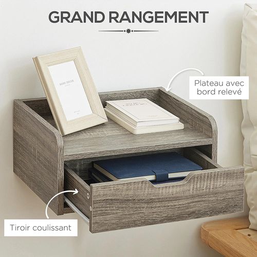 Ensemble De 2 Tables De Chevet Murales, Avec Tiroirs Et Plateaux, Aspect Bois,gris