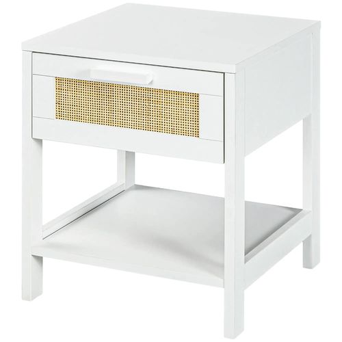 Table De Chevet Table De Nuit Avec Tiroir Et Étagère, Cannage En Rotin ,blanc