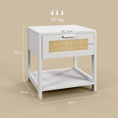 Table De Chevet Table De Nuit Avec Tiroir Et Étagère, Cannage En Rotin ,blanc