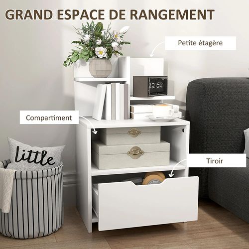 Table De Chevet Avec Tiroirs, Compartiments De Rangement Et Étagères, Effet Bois,blanc