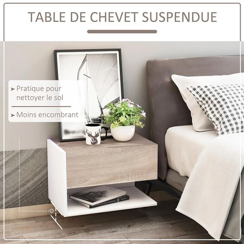 Ensemble De Tables De Chevet Murales (2 Pièces), Glissières De Tiroir, Finition Chêne Clair Blanc