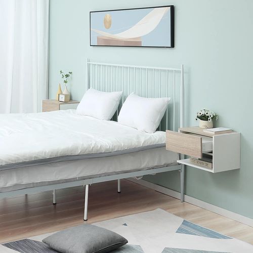 Ensemble De Tables De Chevet Murales (2 Pièces), Glissières De Tiroir, Finition Chêne Clair Blanc