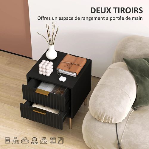 Table De Chevet, Table De Chevet Avec Rainures, Équipée De 2 Tiroirs Et De Pieds En Acier,noir