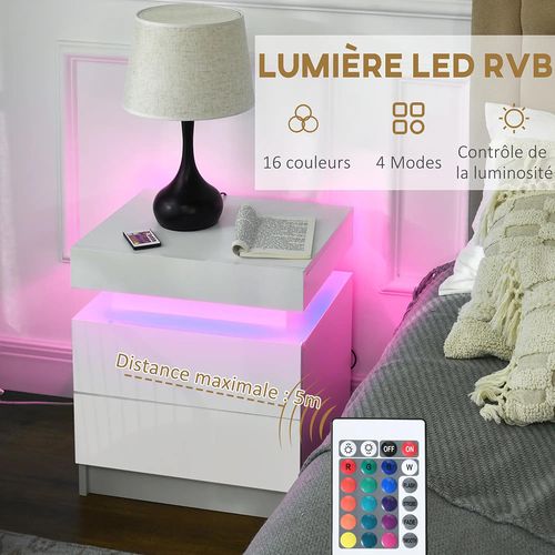 Table De Chevet Avec Panneau Lumineux à LED Avec 2 Tiroirs, Blanc