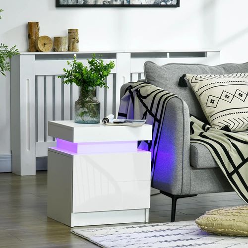 Table De Chevet Avec Panneau Lumineux à LED Avec 2 Tiroirs, Blanc
