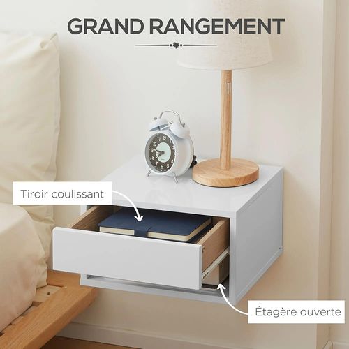 Lot De 2 Tables De Chevet Murales Table De Nuit Tiroir Coulissant Niche Plateau En Bois,blanc