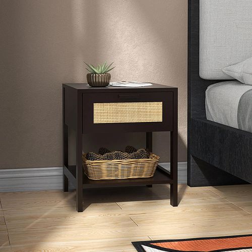 Table De Chevet Table De Nuit Avec Tiroir Et Étagère, Cannage En Rotin, Noir