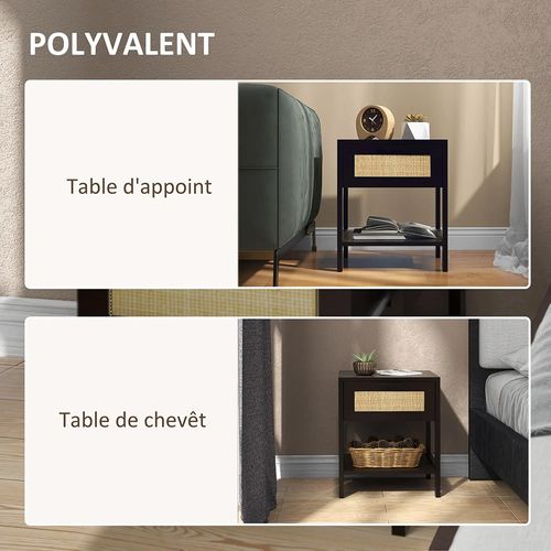 Table De Chevet Table De Nuit Avec Tiroir Et Étagère, Cannage En Rotin, Noir