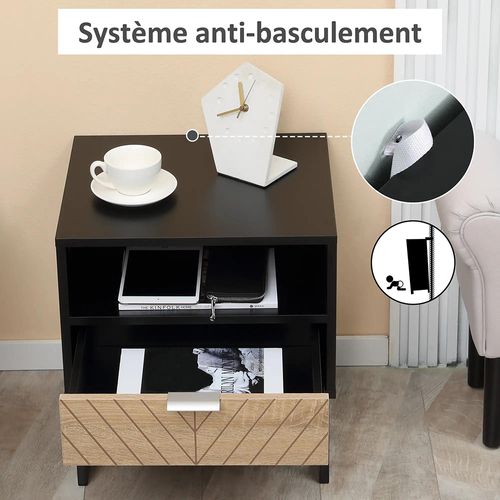 Table De Chevet Avec Tiroirs Et Étagères Encastrées, Noir
