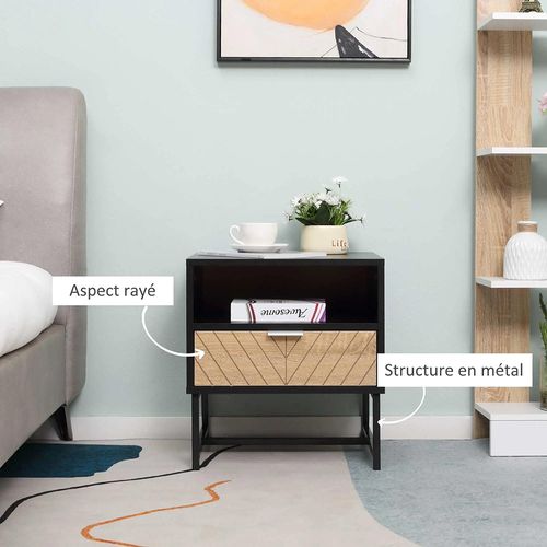 Table De Chevet Avec Tiroirs Et Étagères Encastrées, Noir