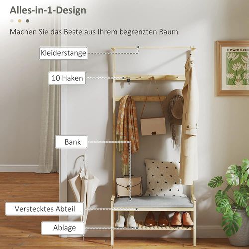 Penderie Avec Banc à Chaussures, Tringle à Vêtements, 10 Crochets à Vêtements, Étagère à Chaussures
