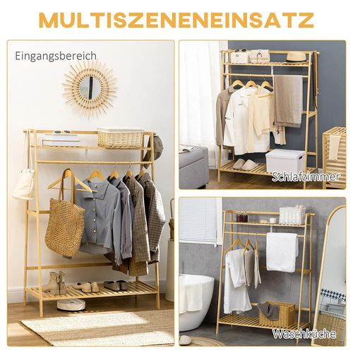 Cintre En Bambou, Équipé De 2 Crochets, 1 Barre à Vêtements, 2 Étagères