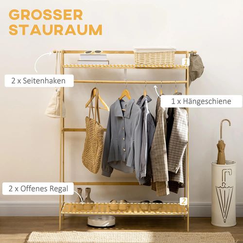 Cintre En Bambou, Équipé De 2 Crochets, 1 Barre à Vêtements, 2 Étagères