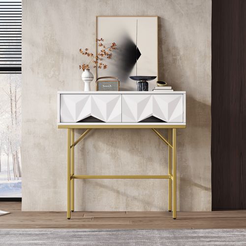 Table Console Moderne, Design Creux à 2 Tiroirs, Blanc Et Doré