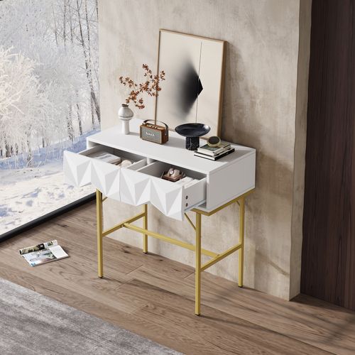 Table Console Moderne, Design Creux à 2 Tiroirs, Blanc Et Doré