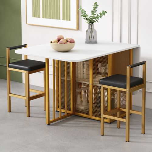 Ensemble Table Et 6 Chaises - Table Pliante Extensible - Chaises Coussin Similicuir - Blanc Et Doré