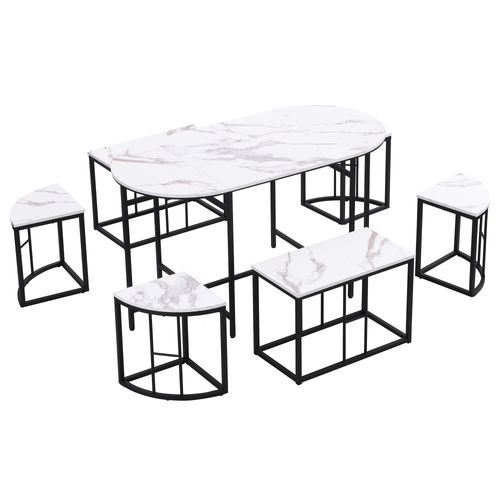 Ensemble Table Et 6 Chaises - 4 Petits Tabourets + 2 Bancs - Noir
