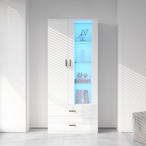 Vitrine Avec 2 Porte Et 2 Tiroirs Et LED - Hauteur 180cm - Blanc