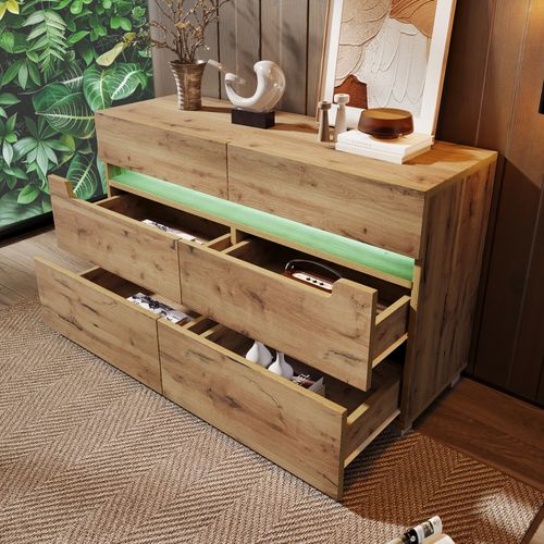 Commode Avec LED - 6 Tiroirs - Effet Brillant - Naturel