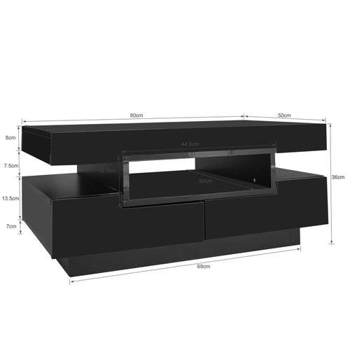 Table Basse, Finition Brillante, Avec LED, 4 Tiroirs, Grand Espace De Rangement, Noir