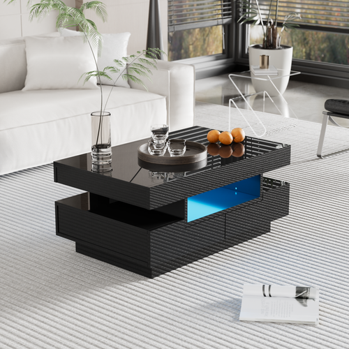 Table Basse, Finition Brillante, Avec LED, 4 Tiroirs, Grand Espace De Rangement, Noir