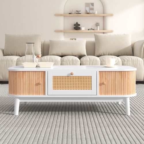 Table Basse Style Cottage 110x55x38.5cm - Table à Café Avec Tiroirs En Rotin Et Portes - Blanc