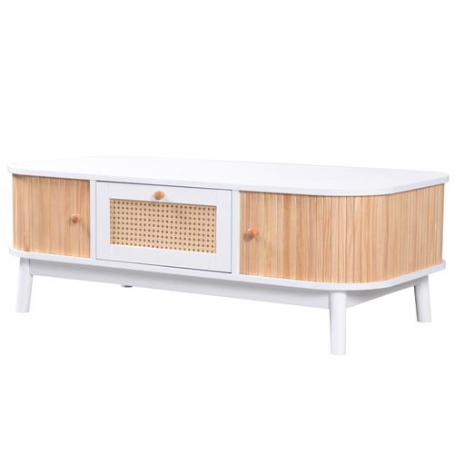 Table Basse Style Cottage 110x55x38.5cm - Table à Café Avec Tiroirs En Rotin Et Portes - Blanc