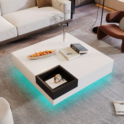 Table Basse LED Carré, Table De Salon, Table D'appoint Avec Boîte De Rangement Amovible, Blanc