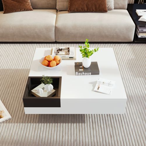 Table Basse LED Carré, Table De Salon, Table D'appoint Avec Boîte De Rangement Amovible, Blanc