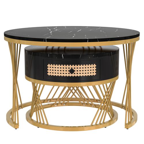 Lot De 2 Table Basse Gigogne Ronde, Table D'appoint Avec Plateau En Marbre Et Tiroirs En Rotin, Noir