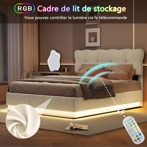 Lit Double Coffre Rembourré 140 X 190 Cm Avec Éclairage LED, Montage Facile, Beige, Velours