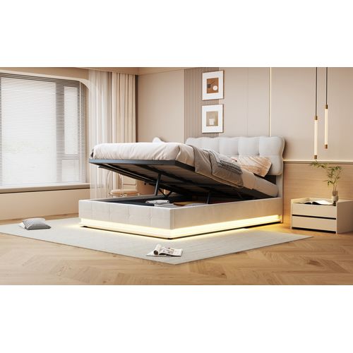 Lit Double Coffre Rembourré 140 X 190 Cm Avec Éclairage LED, Montage Facile, Beige, Velours