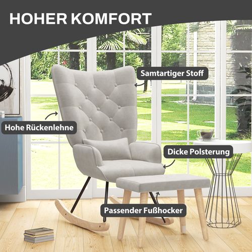 Fauteuil Relax Avec Pouf Et Coussin - Velours Crème, Pieds Bois - Pour Salon Et Chambre-66x96x101 Cm