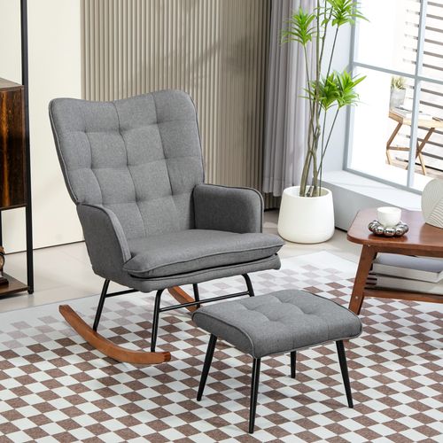 Fauteuil à Bascule Avec Pouf Et Accoudoirs - Tissu D'apparence Lin - Pour Détente Confortable